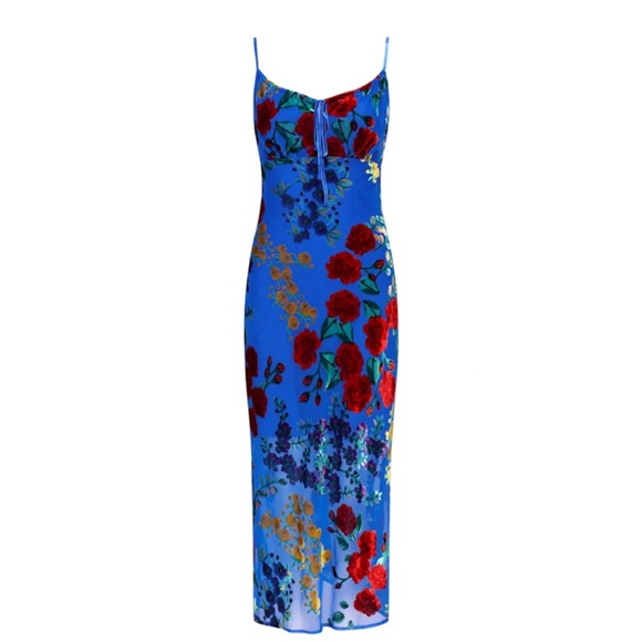 NWT Floral Blue Midi Dress - Velvet Appliqué Cami - Picture 6 of 7